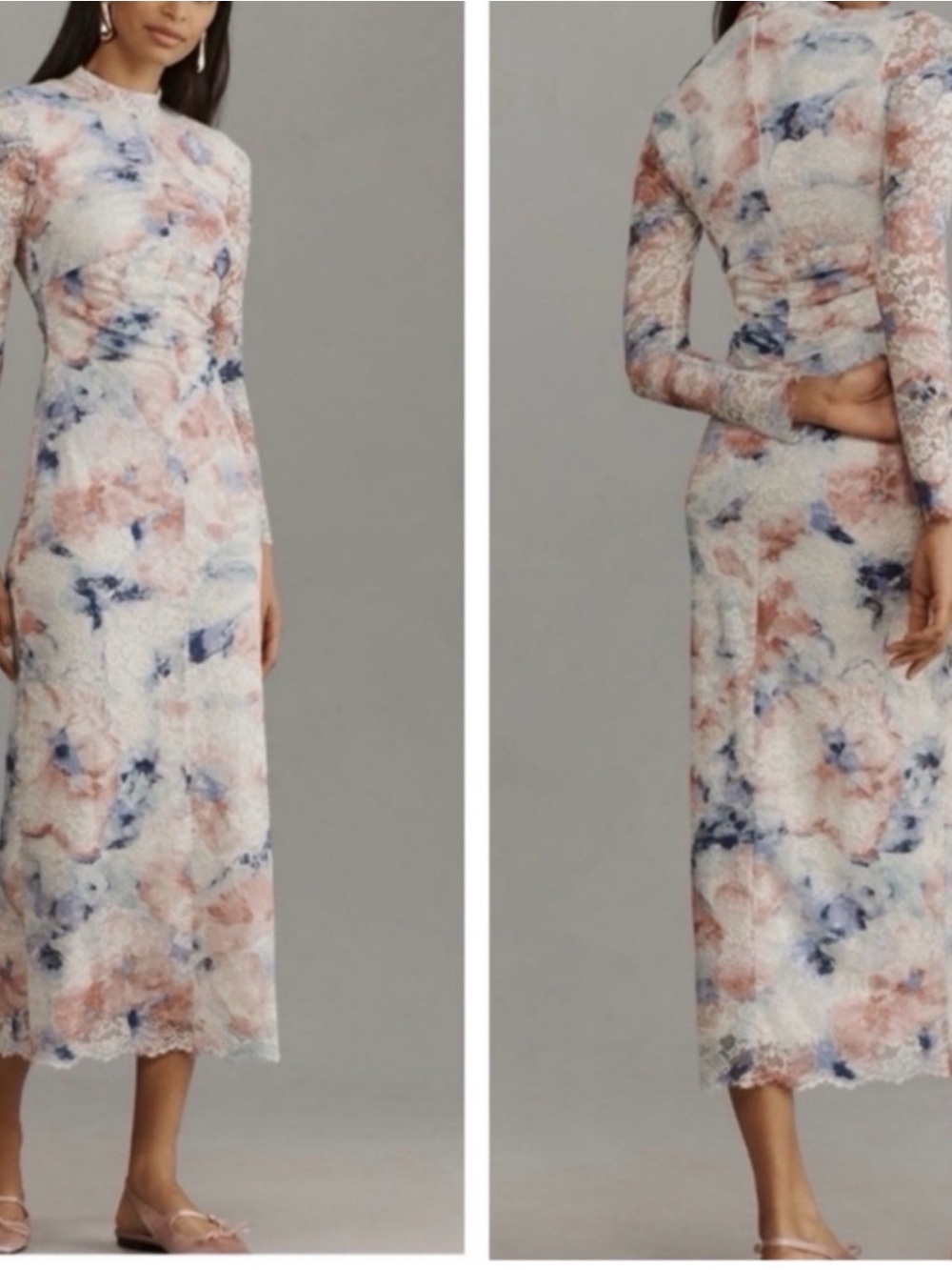 Anthropologie Mock Neck Floral Lace Ruched Fitted Long Sleeve Dress